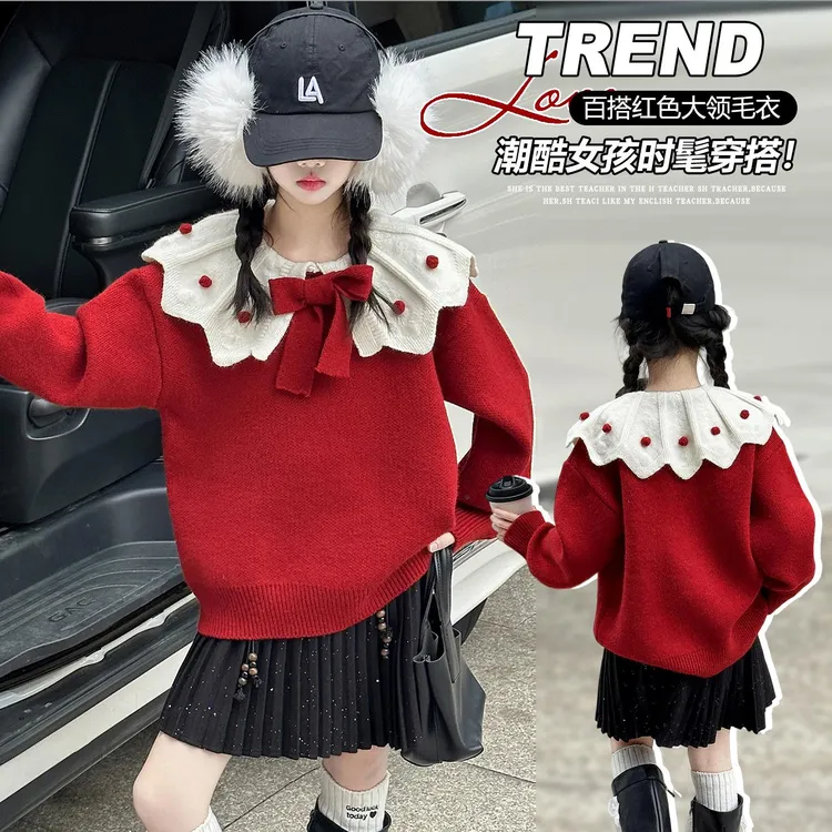 女童圣诞毛衣加厚中大童2026儿童红色12岁女孩马年本命年新年衣服