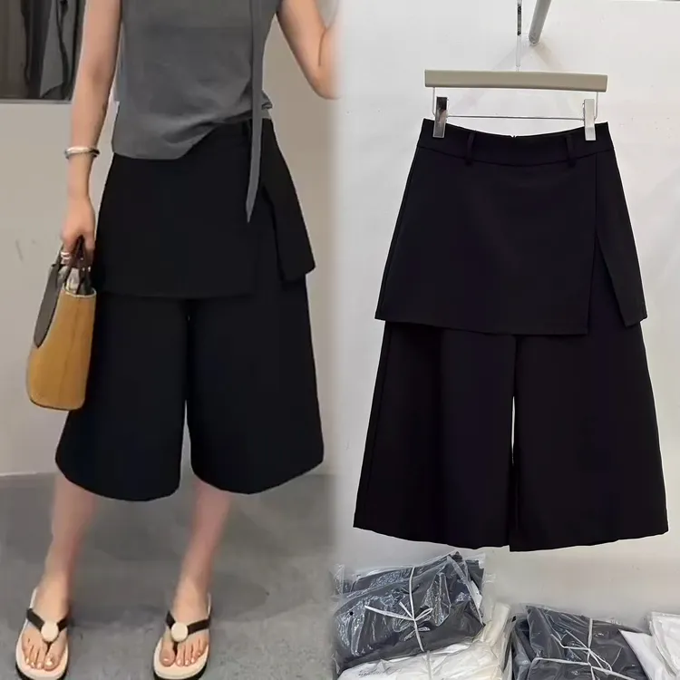 阔腿裤女2025夏季新款欧韩货短裙拼接遮肉显瘦百搭网红六七分裤潮