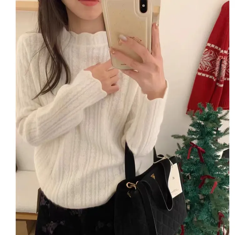 温柔波浪花边寸领立体坑条钩花打底衫别致长袖针织衫宽松加厚上衣