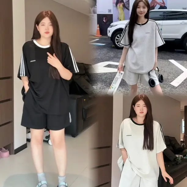 夏季新款大码胖mm时尚运动三条杠宽松短袖上衣炸街高腰短裤套装