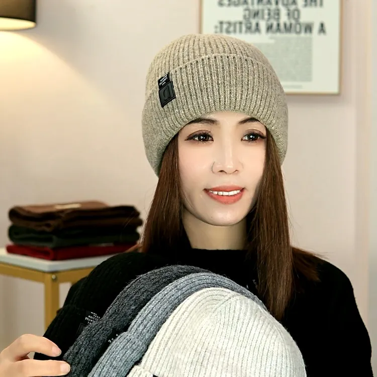 男女加厚针织毛线帽冬季毛绒保暖加绒套头帽防寒防风帽