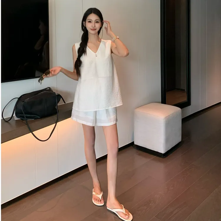 夏季新款老钱风套装时尚亚麻正反两穿背心套装时尚气质法式休闲裤