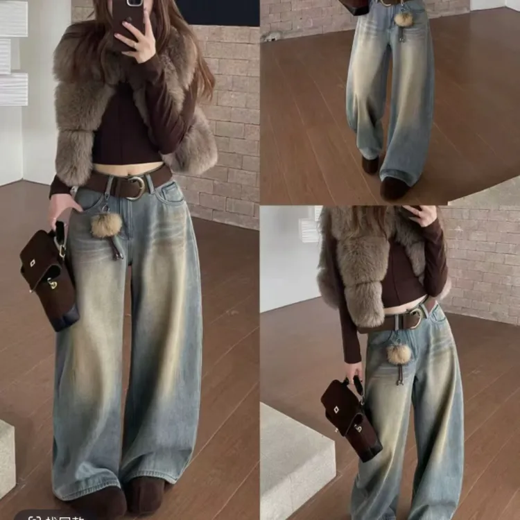洋气复古做旧加绒阔腿牛仔裤女高腰垂感显瘦韩版宽松水洗冬季新款
