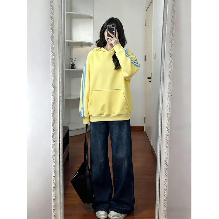 潮牌美式三条杠连帽套头卫衣女秋冬季宽松加绒加厚休闲慵懒风上衣