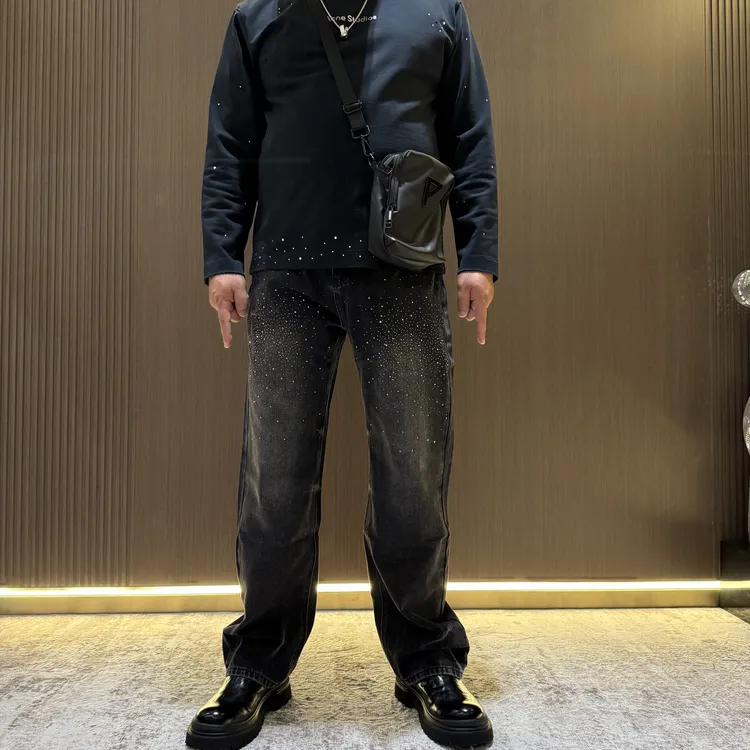 美式满天星烫钻牛仔裤男秋冬新款高街潮牌宽松直筒黑灰色长裤