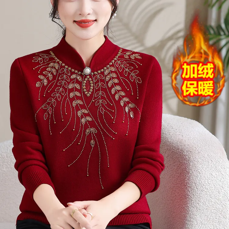 妈妈秋冬装一体绒毛衣女内搭保暖上衣中老年人加绒加厚打底衫女装