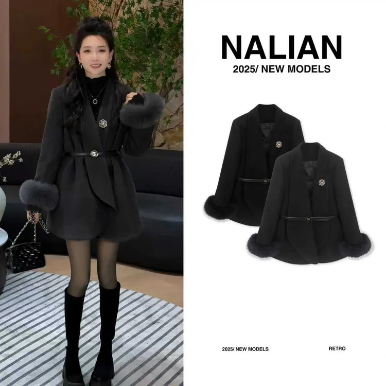 拿恋JGCFQ82706#高级感千金风毛袖毛呢羽绒外套82706秋冬