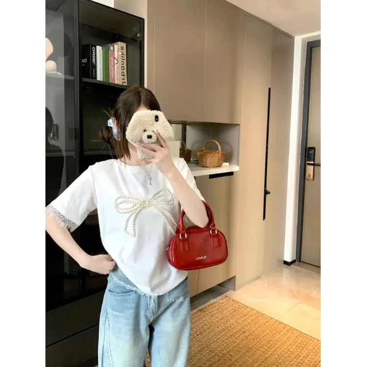 大码胖mm夏季新款重工钉珠蝴蝶结上衣蕾丝袖口纯欲显瘦短袖T恤女