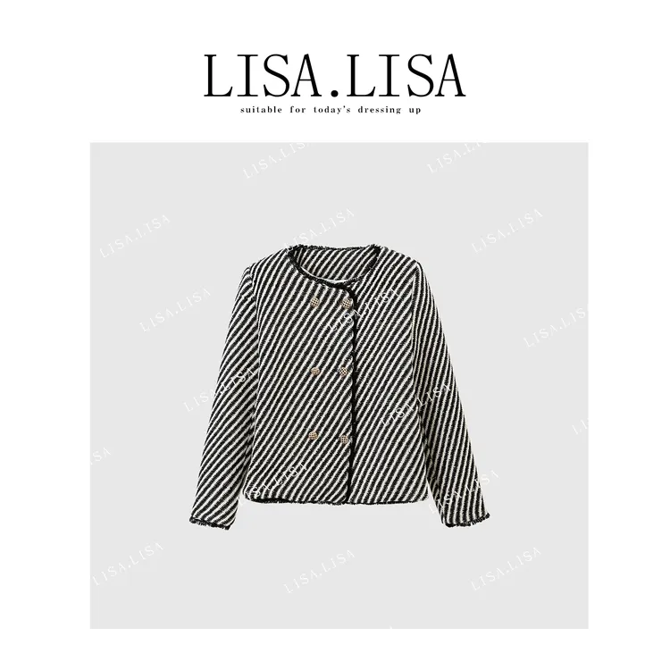 门店47&9！轻奢小香！羊毛粗花呢混纺/圆领条纹长袖外套夹克L70969