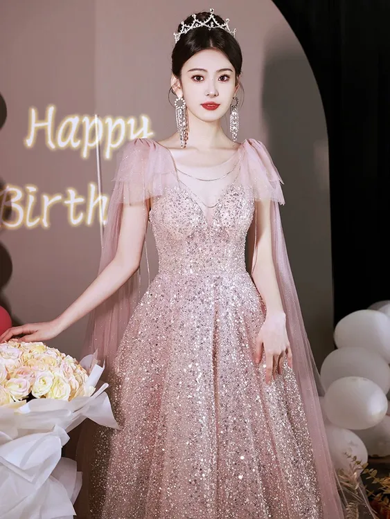 粉色晚礼服女2025新款高端轻奢小众生日成人超仙订婚连衣裙高级感