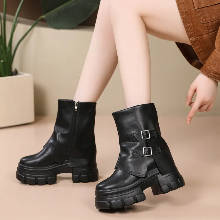 超高跟10CM厚底高帮鞋时尚百搭马丁靴女秋冬新款内增高英伦风短靴