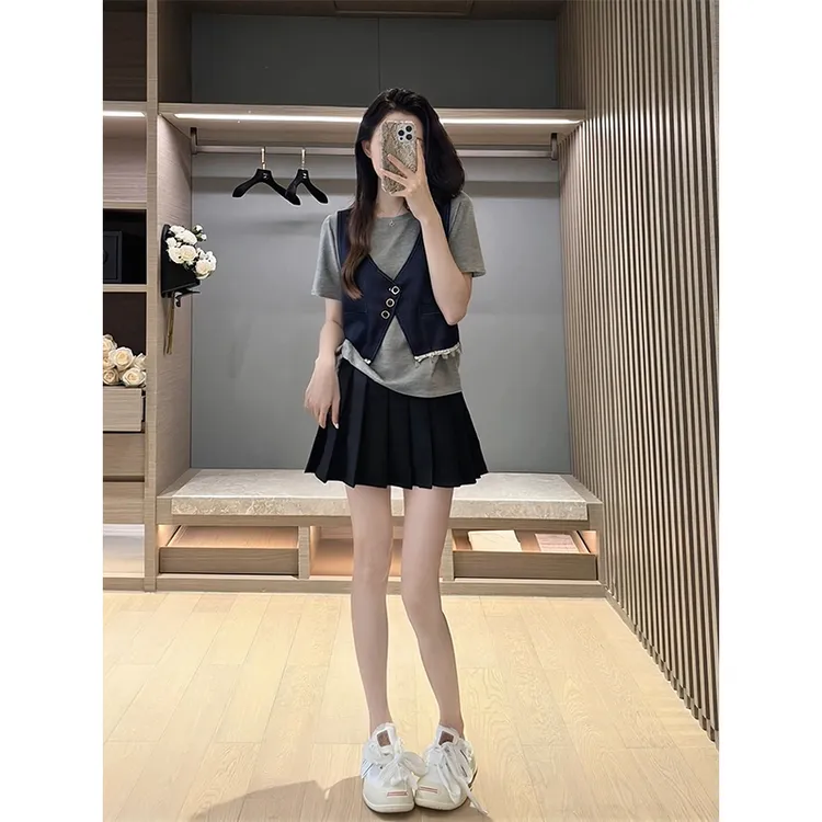 复古牛仔拼接露肩短袖T恤女装夏季上衣百褶裙半身裙两件套穿搭