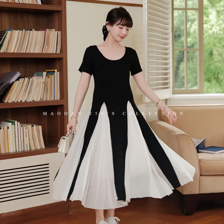 maodan/猫单【雾都恋人】孕妇装2025新款夏季连衣裙黑白拼色大裙摆