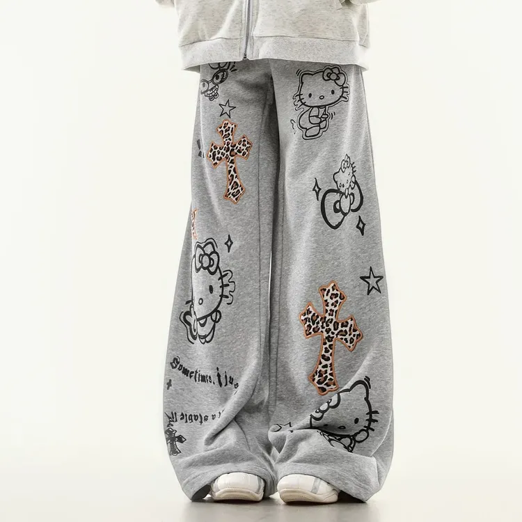 (雯雯子推荐)灰色Kitty猫印花阔腿休闲裤女秋季慵懒风运动裤