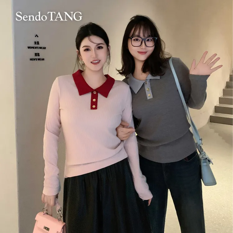 撞色针织POLO领T恤【时光】胖多女装新款显瘦遮肉宽松翻领大码上衣