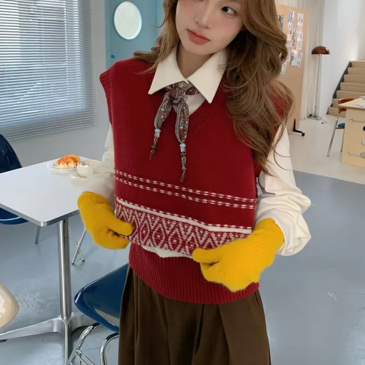 慵懒松弛感宽松显瘦叠穿针织马甲韩版复古内搭提花背心羊毛马甲女