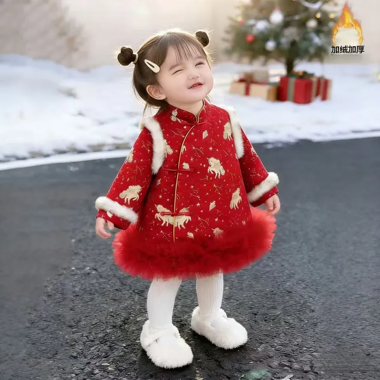 女童拜年旗袍2025冬季新款宝宝儿童洋气加厚中国新年连衣裙