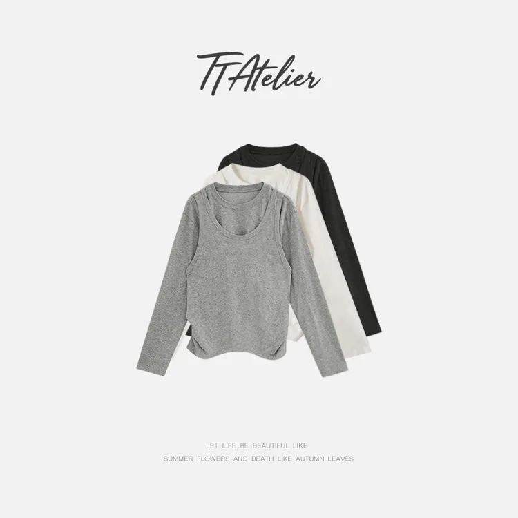 TT设计师【思念】日系高级感雪花棉假两件叠穿感长袖T恤TT190728