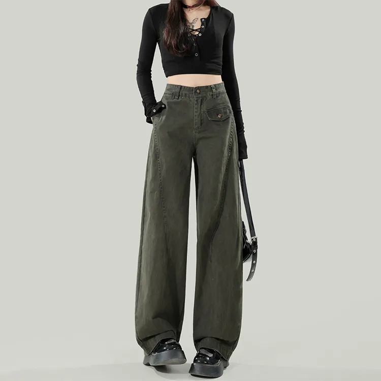 军绿色高腰工装裤女2025春秋新款宽松设计感美式直筒休闲阔腿裤子
