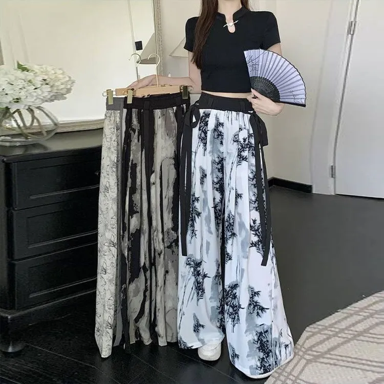 冰丝凉凉裤夏季新中式国风水墨画阔腿裤女小个子扎染飘带休闲长裤