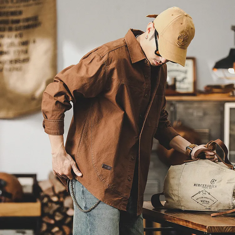 美式复古长袖衬衫男春秋工装潮牌猎装上衣男宽松衬衣男士秋季外套