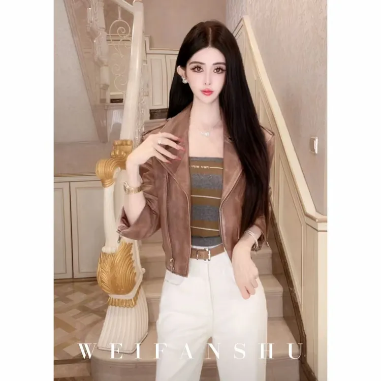 WEIFANSHU/魏凡舒【曼城画报】复古擦色羊皮机车皮衣外套