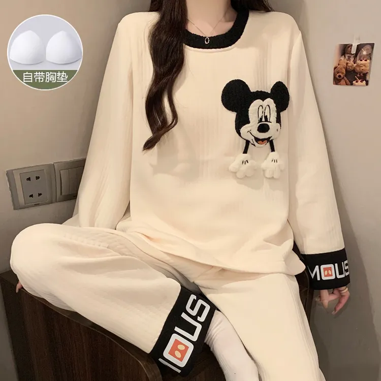 睡衣女带胸垫秋冬季空气棉夹层加厚卡通韩版女士睡衣可外穿家居服