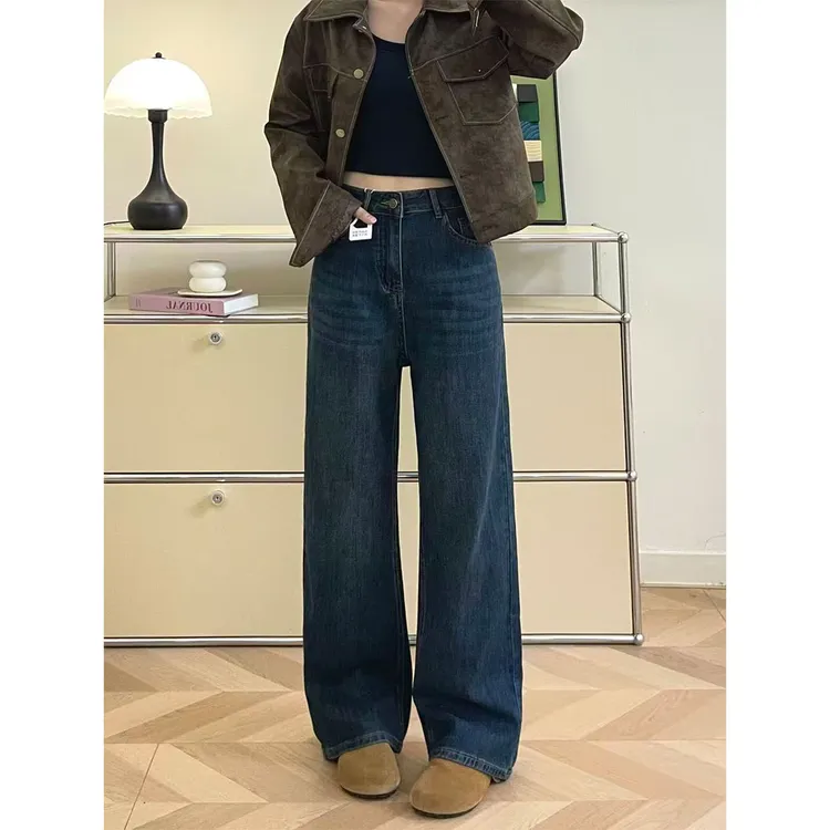 复古蓝百搭直筒牛仔裤女秋季新款梨型身材胖mm高腰显瘦窄版阔腿裤