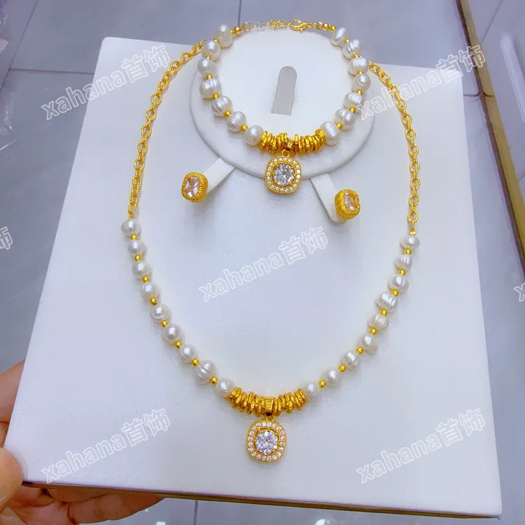 铜合金仿珍珠项链 新款时尚精美百搭珍珠三件套气质首饰古法网红