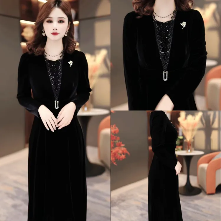 冬季黑色连衣裙2025新款显瘦修身气韩版遮肚打底裙子MY25K3522