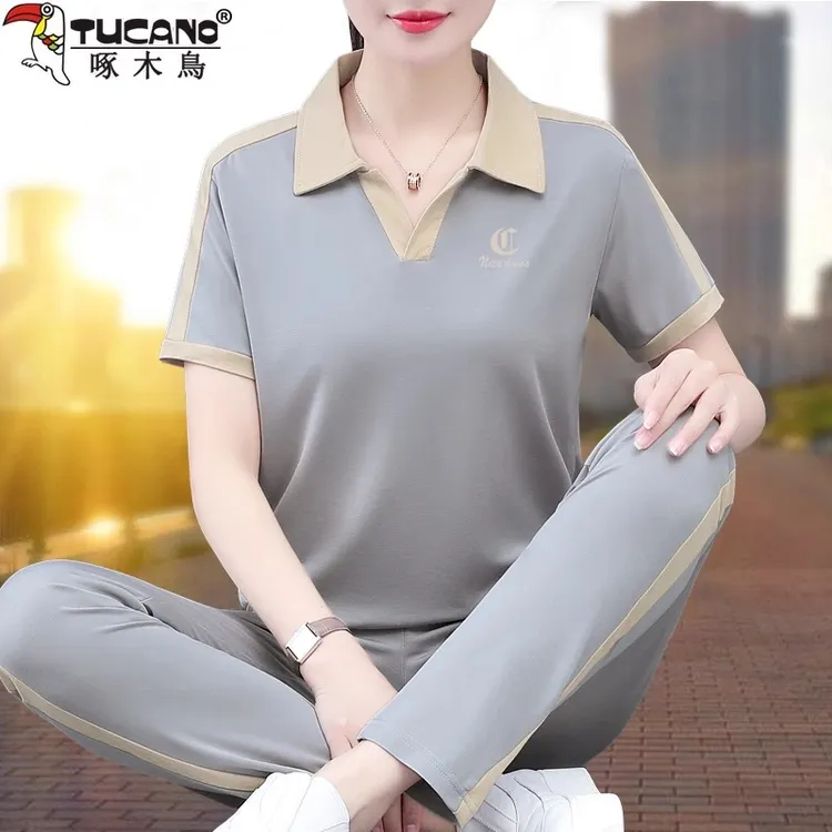 【官方品牌】啄木鳥中年妈妈套装女2025夏季新款时尚运动翻领两件套