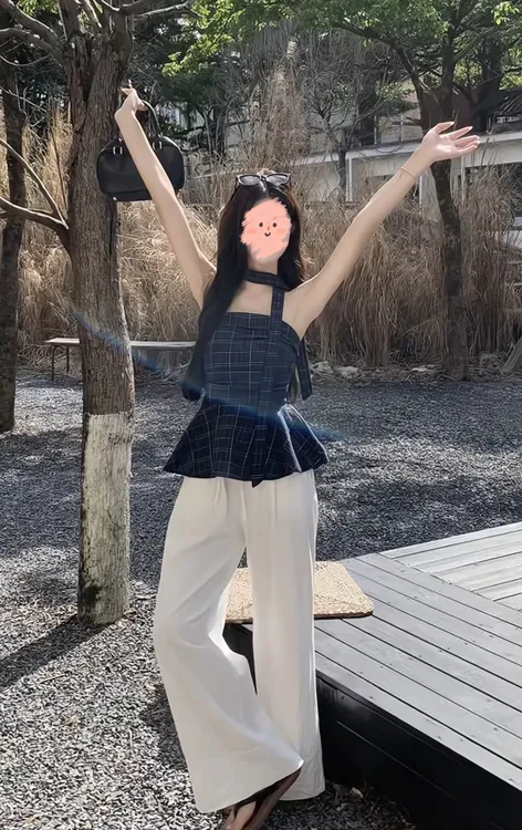 辣妹格子抹胸背心上衣女2025新款夏季高腰白色阔腿裤子两件套装