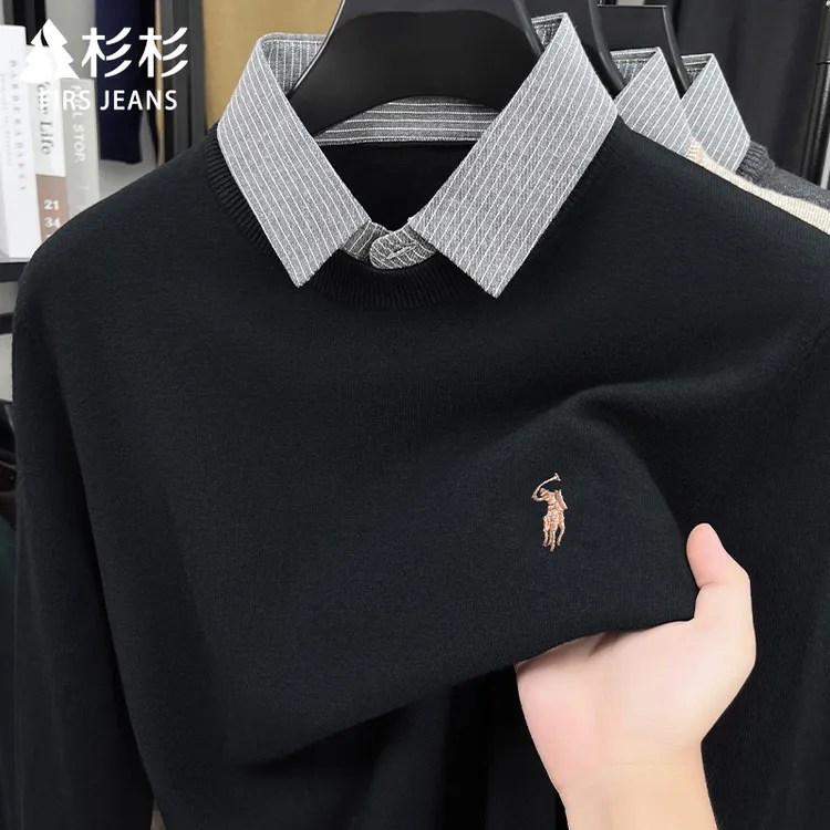 FIRS JEANS杉杉假两件毛衣男款秋冬季男士衬衫领针织衫打底上衣男