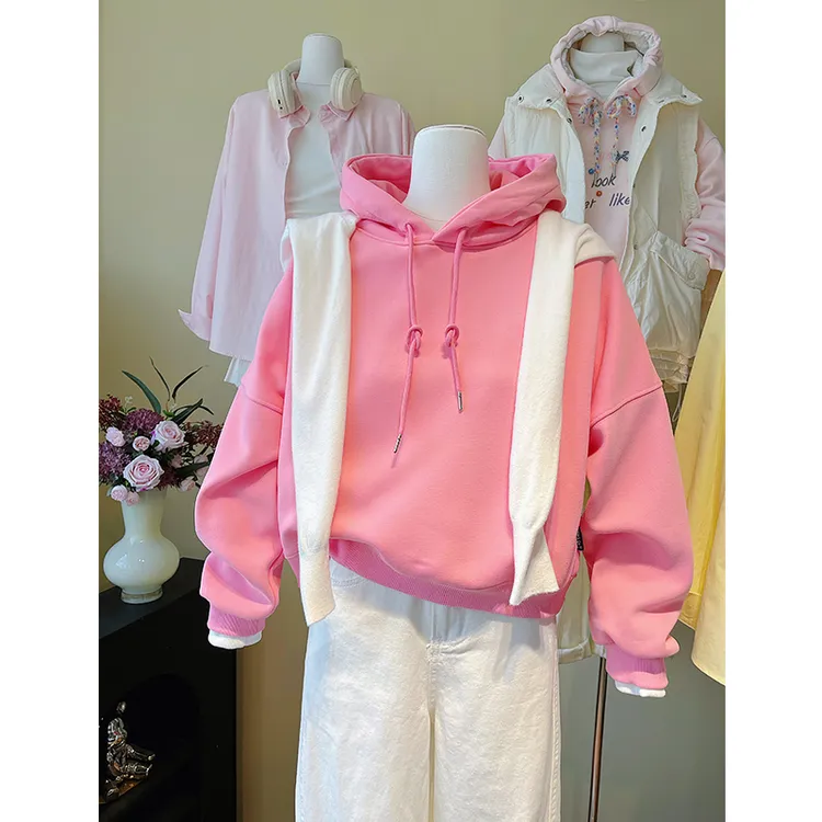 玫红色显白休闲连帽卫衣女秋冬爆款时尚小个子纯色加绒显瘦外套潮