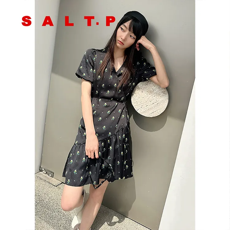 SALT.P可颜柠檬碎花连衣裙短款v领法式裹身裙2025夏季新款