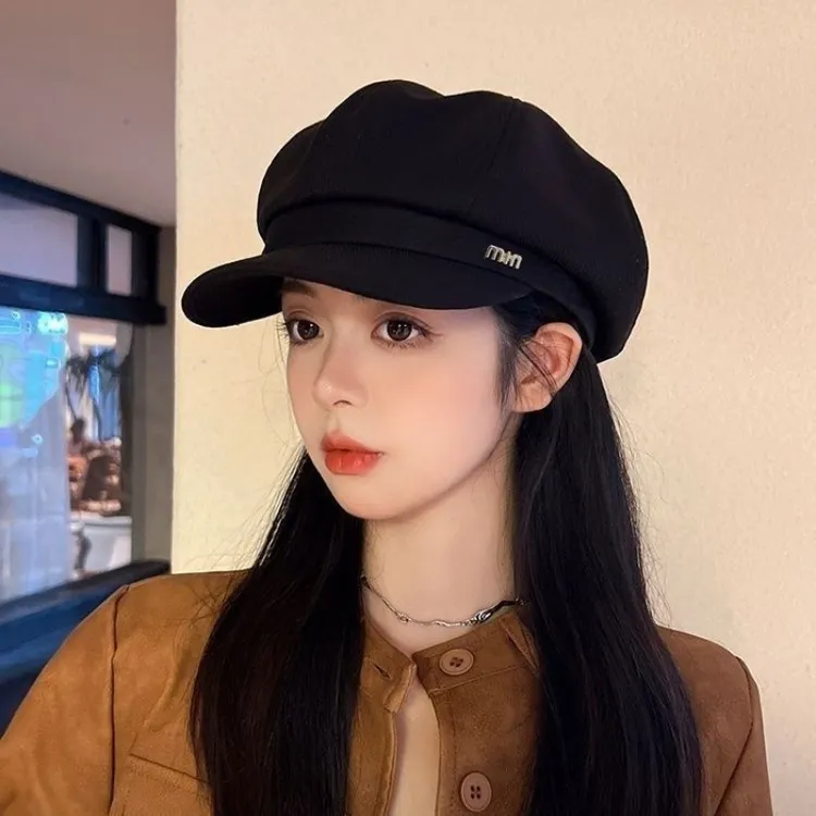 新款贝雷帽女秋冬显脸小鸭舌八角帽大头围法式复古黑色报童帽AH