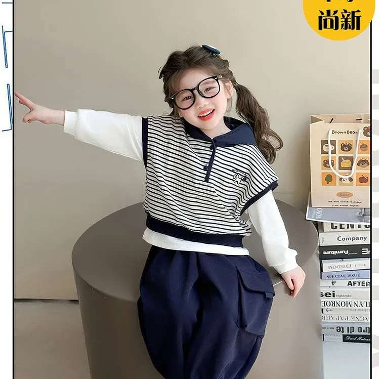 卡通动漫女春秋季条纹上衣嘻哈风法式女童男童时尚休闲套装针织