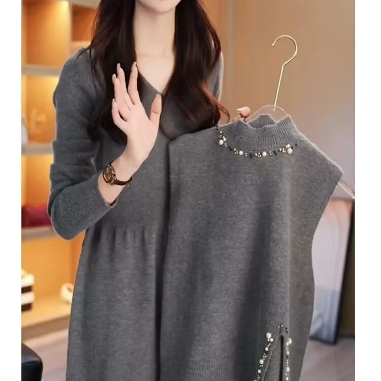 秋冬新款妈妈一整套马甲适中两件套连衣裙女2025针织毛衣套装裙子