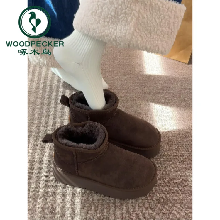 啄木鸟小土豆厚底雪地靴女2025冬季新款皮毛一体棉鞋复古加绒短靴