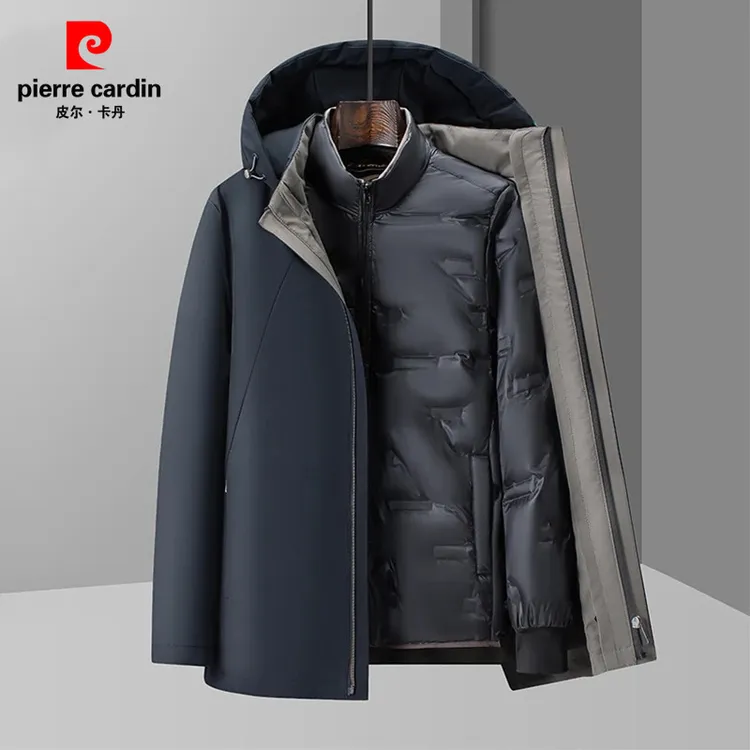 皮尔卡丹冬季新款90鹅绒绵羊毛男士连帽羽绒服可拆卸内胆保暖外套