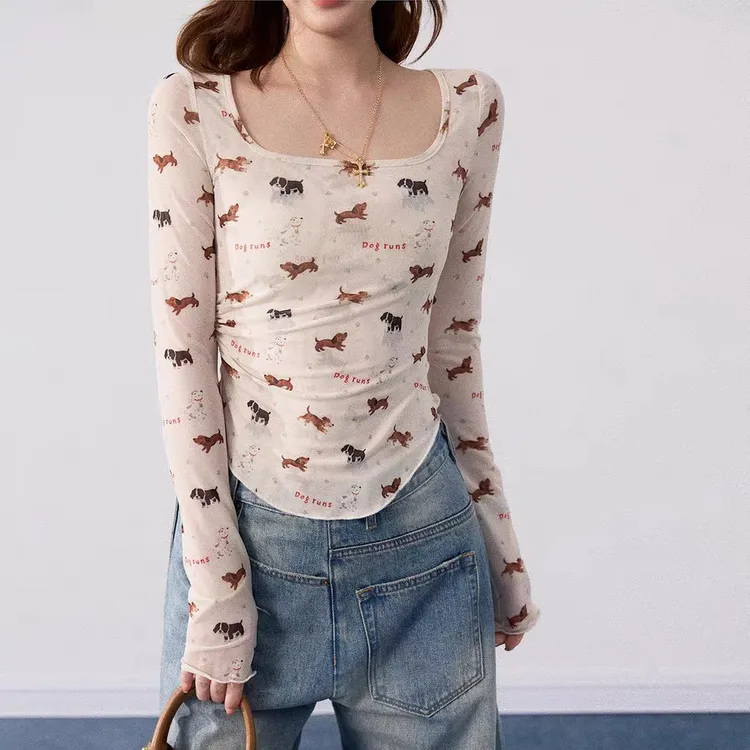 （运补6）印花小狗U领修身复古长袖T恤女秋韩系上衣