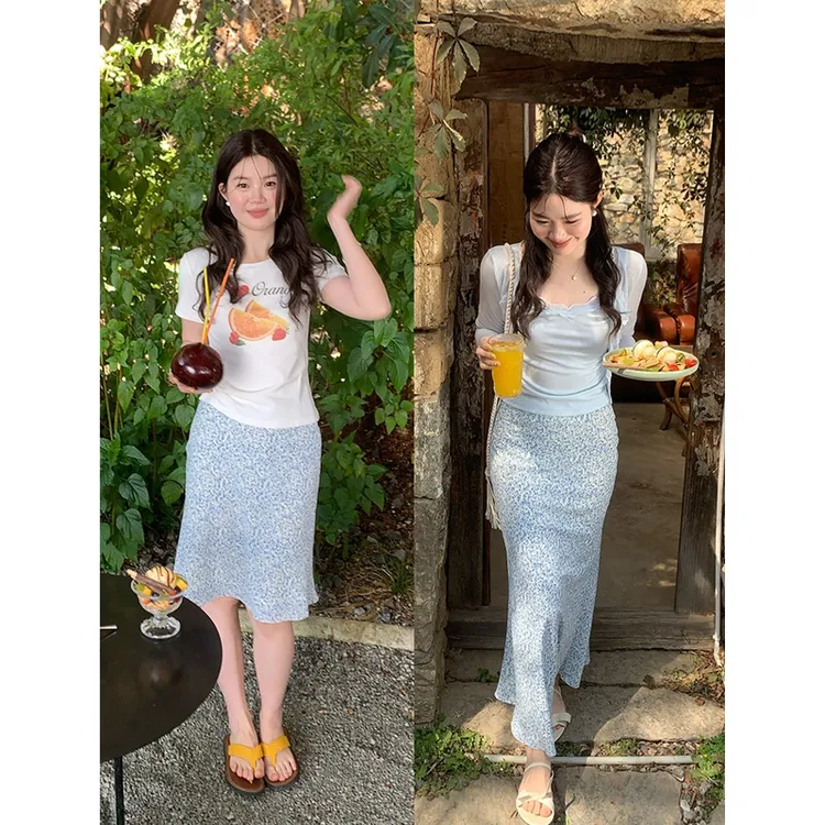 【蓝岛冰心】韩版碎花半身裙女修身鱼尾裙一步裙度假长裙子