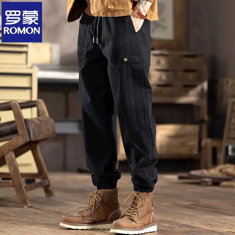 罗蒙秋季男士直筒休闲裤轻奢痞帅男装高端美式工装裤宽松大码长裤