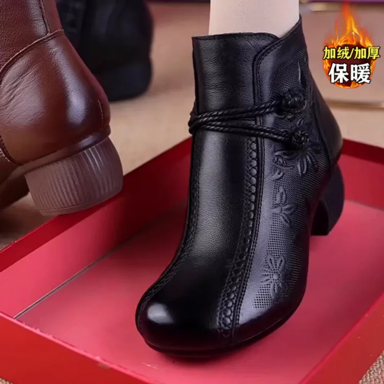 2025年爆款冬季加绒复古软皮舒适圆头女粗跟马丁靴中年妈妈棉鞋