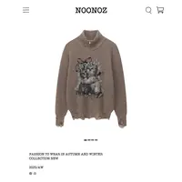 NOONOZ美式复古猫咪破洞双拉链开衫毛衣男潮牌中性风慵懒针织外套
