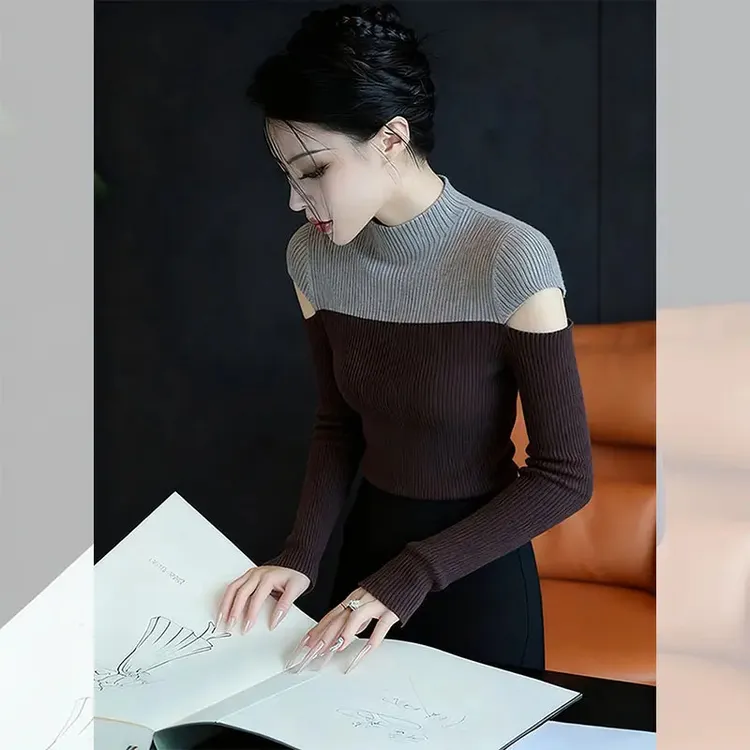 独特漂亮露肩半高领小衫洋气高贵上衣可外穿精致打底针织衫女秋冬