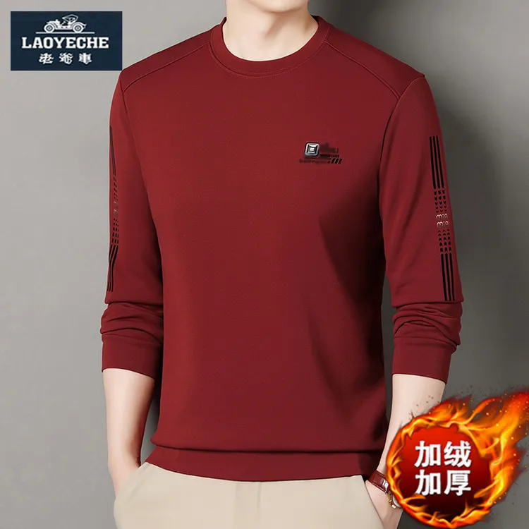 香港老爷车男装冬季加绒卫衣男圆领本命年红色保暖上衣加厚打底衫