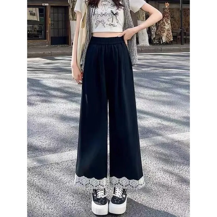 蕾丝拼接九分直筒裤女2025夏季新款百搭阔腿裤冰丝凉凉宽松休闲裤