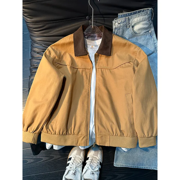 卡其色翻领工装外套男款秋季美式复古vintage棒球服短款情侣夹克