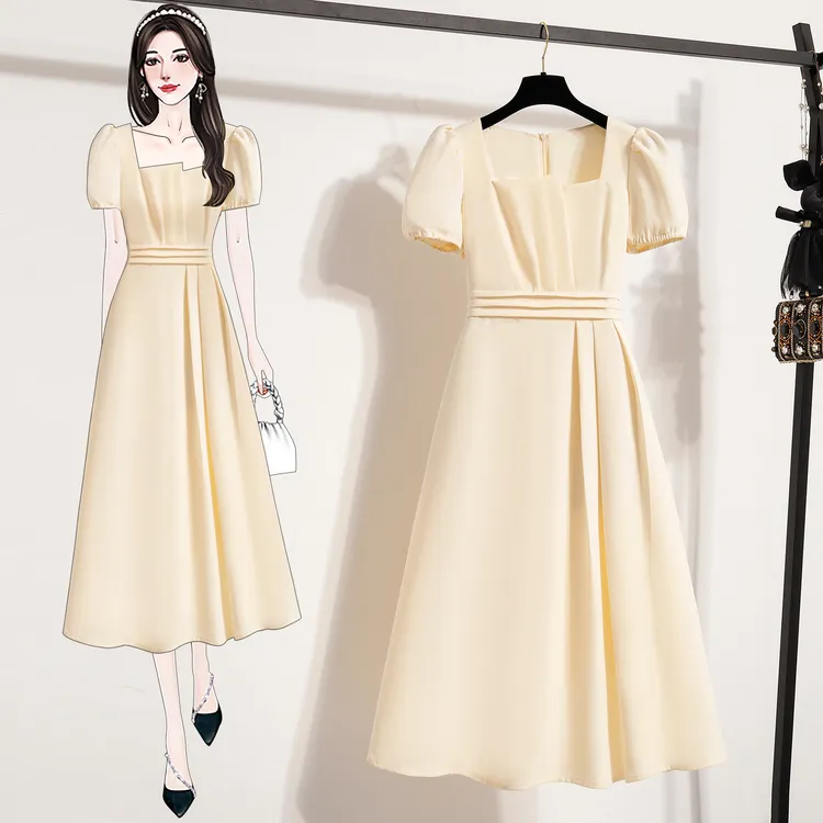 小黑裙大码感法式方领长裙女夏季新款胖MM收腰气质超好看大摆裙